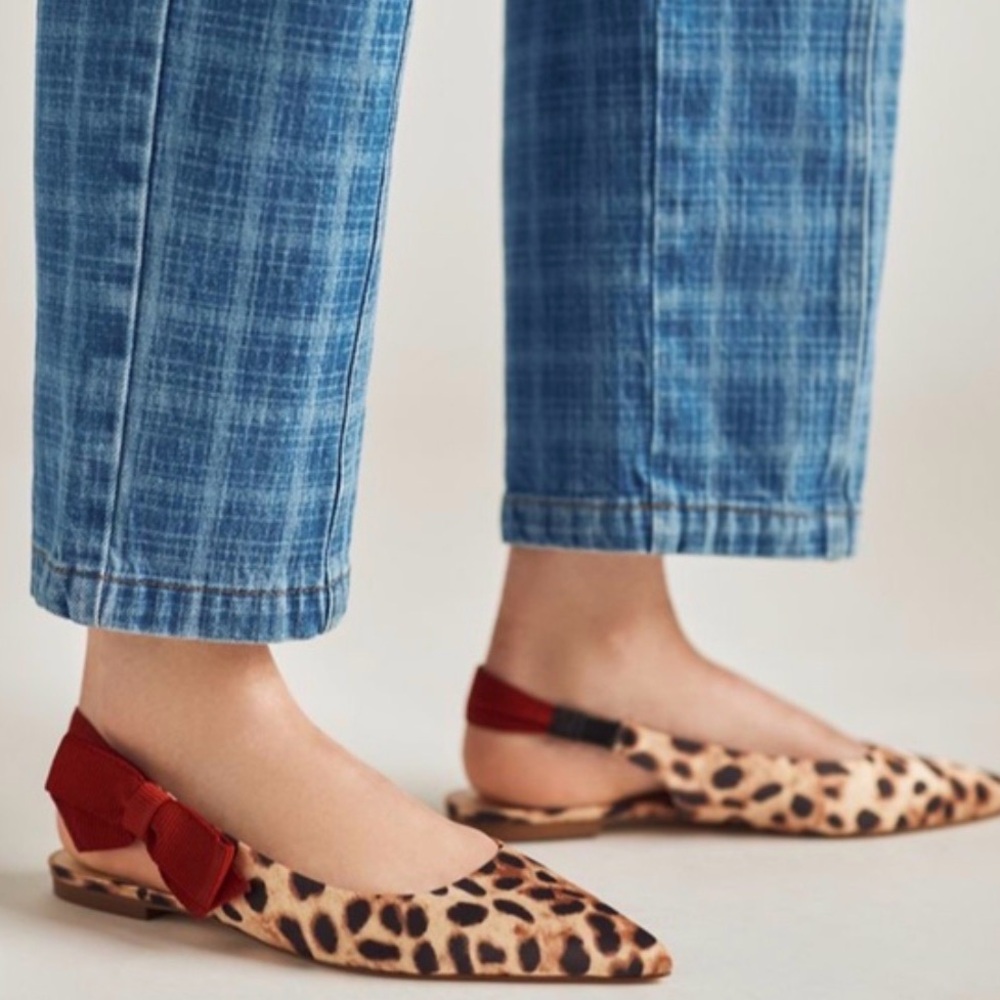 Anthropologie Maeve leopard sling back with red side bow. Size 7.5, NEOT